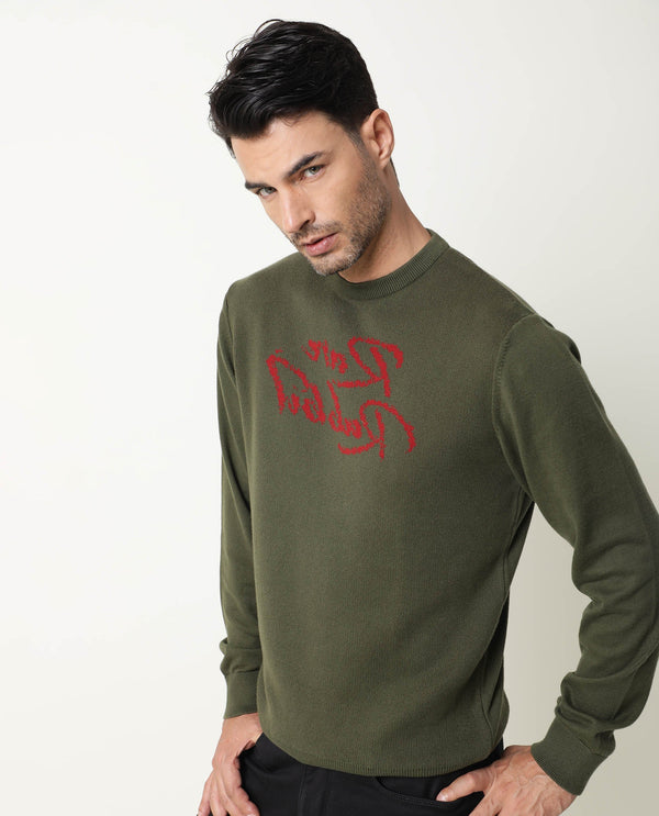 RARE RABBIT MEN'S TEEDO OLIVE PULLOVER COTTON FABRIC ROUND NECK FULL SLEEVES SLIM FIT