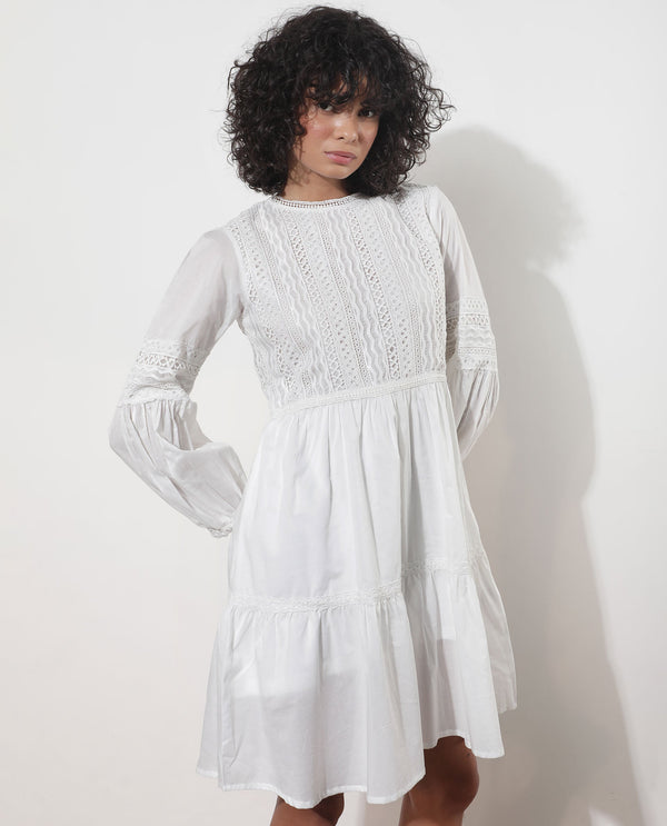Rareism Women Darmini White Cotton Fabric Full Sleeves Round Neck Puff Sleeve Relaxed Fit Plain Knee Length Empire Dress