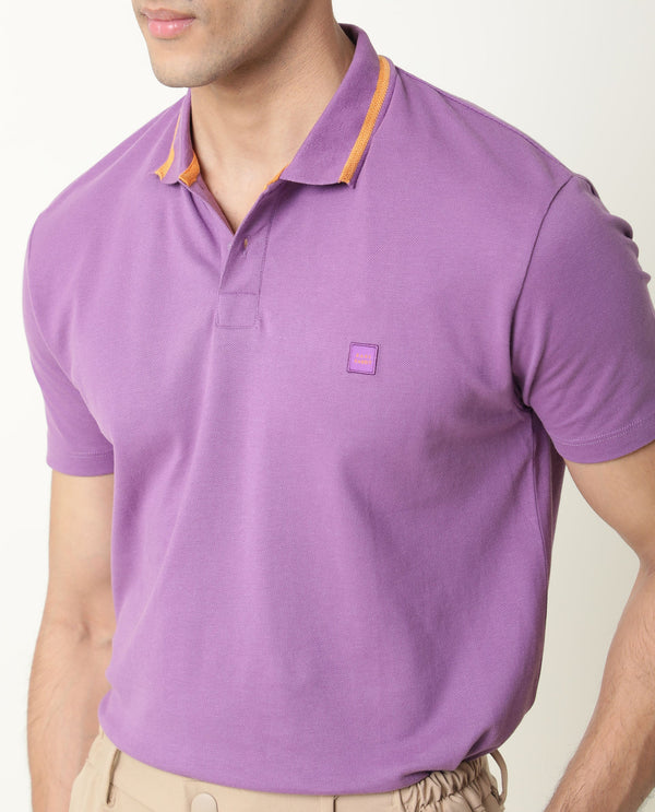 Rare Rabbit Men's Taper Purple Cotton Fabric Collared Neck Half Sleeves Textured Polo T-Shirt
