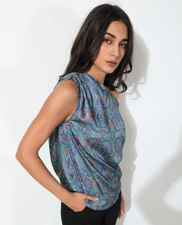 Rareism Women Sydney Blue Polyester Fabric Regular Fit Tube Neck Off Shoulder Abstract Print Top