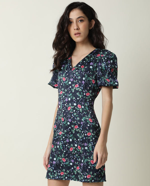 Rareism Women Diego Navy Floral Print Half Sleeve With Puff Mini Dress