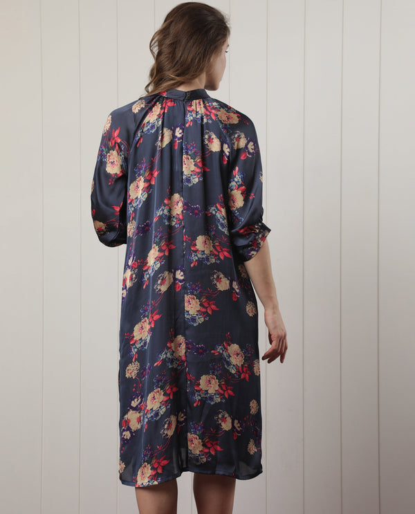 Rareism Women Clem Navy Polyester Fabric 3/4Th Sleeves High Neck Volume Sleeve Relaxed Fit Floral Print Knee Length Boxy Dress