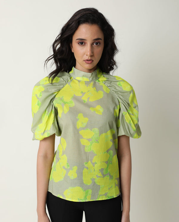 Rareism Women Lagger Green Cotton Fabric Regular Fit High Neck Half Sleeves Abstract Print Top