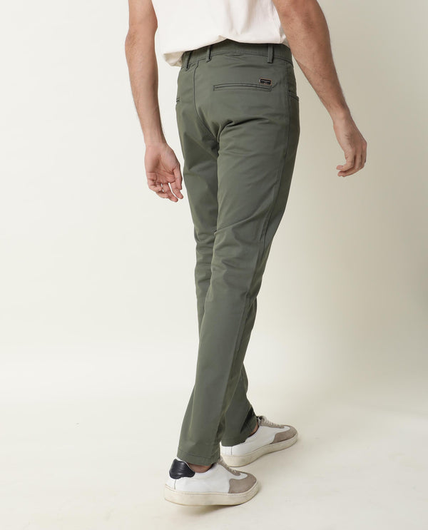 Rare Rabbit Men's Mark Green Solid Mid-Rise Regular Fit Stretch Trouser