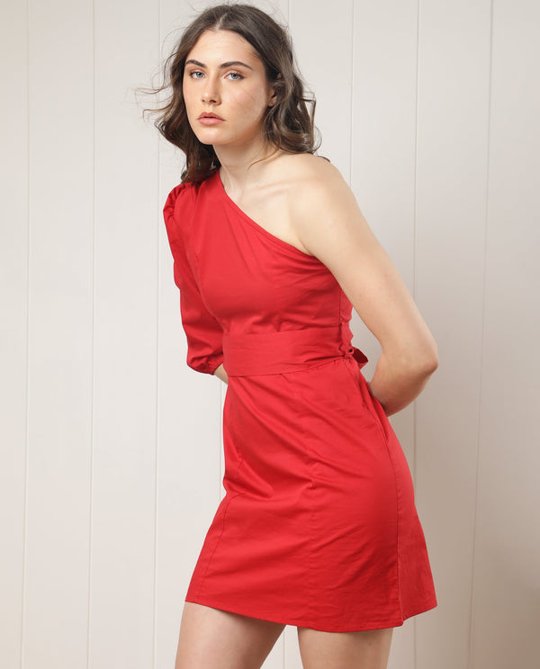 Rareism Women Floris Fluorescent Red Poly Lycra Fabric Off Shoulder Zip Closure One Shoulder Puff Sleeve Boxy Fit Plain Knee Length Dress