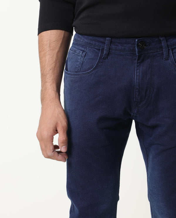Rare Rabbit Men's Repp Blue Pant Cotton Elastane Fabric Slim Fit Button & Zip Closure Jeans