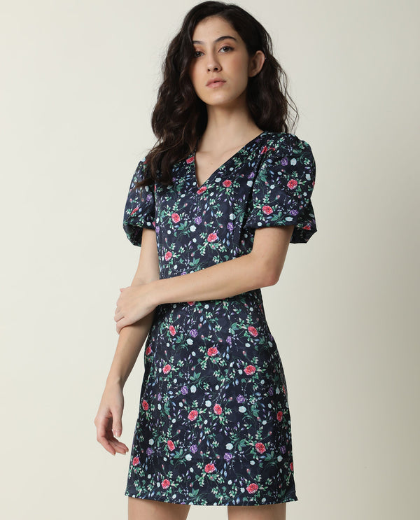 Rareism Women Diego Navy Floral Print Half Sleeve With Puff Mini Dress