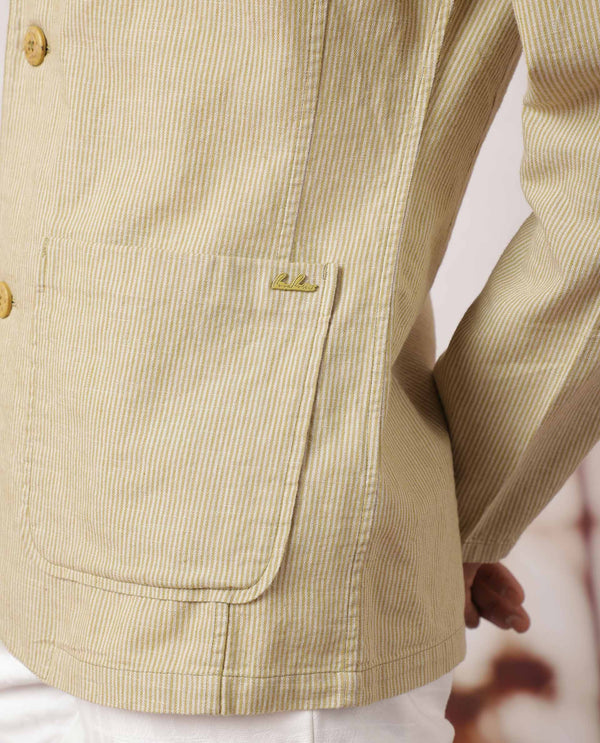 Rare Rabbit Men's Trex Mustard Linen Blend Mandarin Collar Striped Jacket