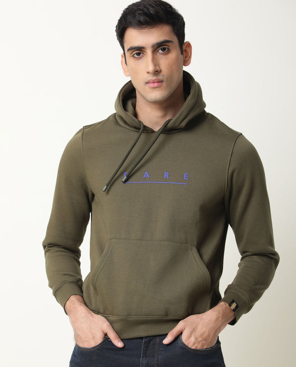 Rare Rabbit Omi Primary Olive Sweatshirt Cotton Poly Fabric Full Sleeve Hoodie Slim Fit