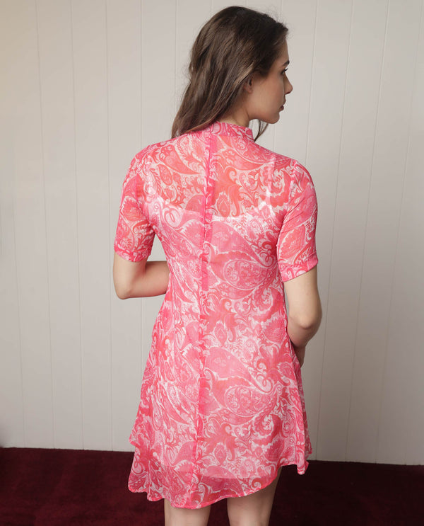Rareism Women's Beryl Pink Polyester Fabric High Neck Zipper Closure Half Sleeve Paisley Print  Knee Length Dress