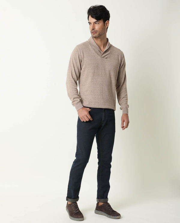 Rare Rabbit Denvy Primary Beige Cotton Fabric Full Sleeve Broad Collar Slim Fit Sweater