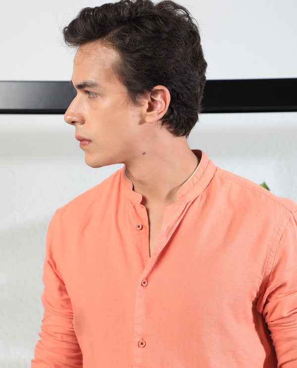 Rare Rabbit Men's Manderin Orange Modal Linen Fabric Mandarin Collar Full Sleeves Solid Shirt