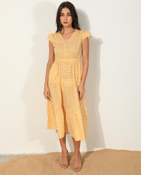 Rareism Women's Whitney Yellow Cotton Fabric V-Neck Button Closure Cape Sleeve Geometric Print  Knee Length Dress