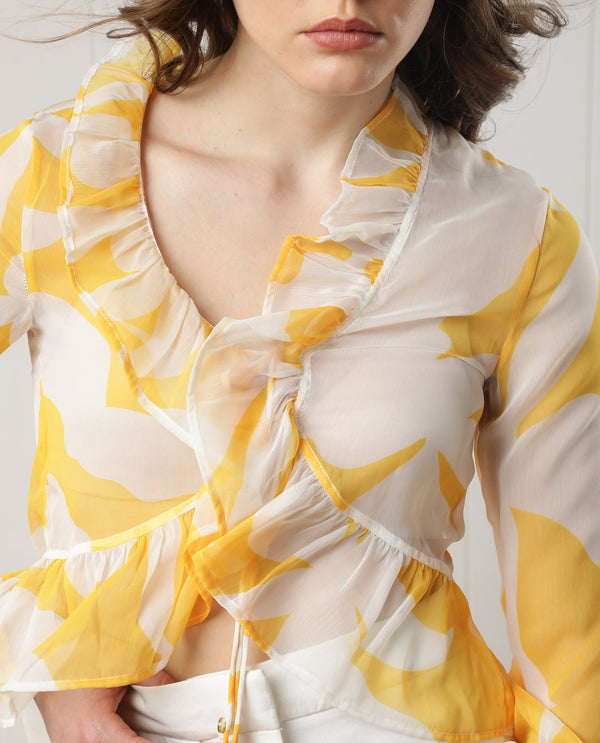 Rareism Women Simone White Polyester Fabric Full Sleeves Tie-Up Closure V-Neck Bell Sleeve Regular Fit Floral Print Shrug