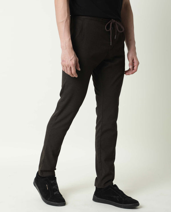 Rare Rabbit Men's Brando Brown Solid Mid-Rise With Drawstring And Elastic Waistband Regular Fit Trouser