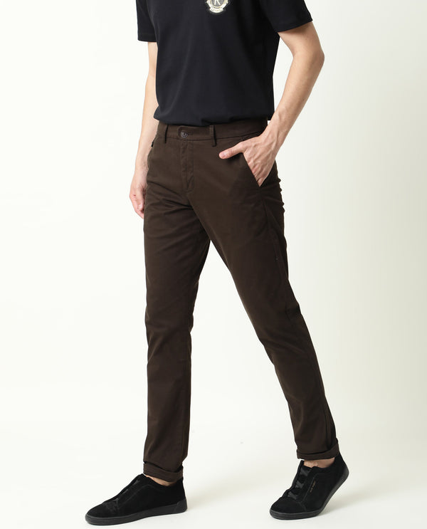 Rare Rabbit Men's Aps Dark Brown Trouser Solid Mid-Rise Regular Fit Stretch Trouser