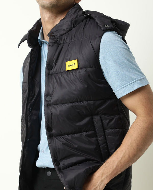 Rare Rabbit Men's Depot Black Plain Sleeveless Detachable Hood Puffer Jacket
