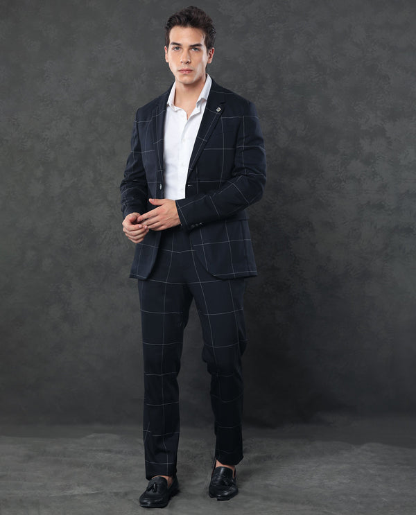 Rare Rabbit Men's Tim Navy Polyester Viscose Fabric Notch Lapel Button Closure Single Breasted Windowpane Checks Suits