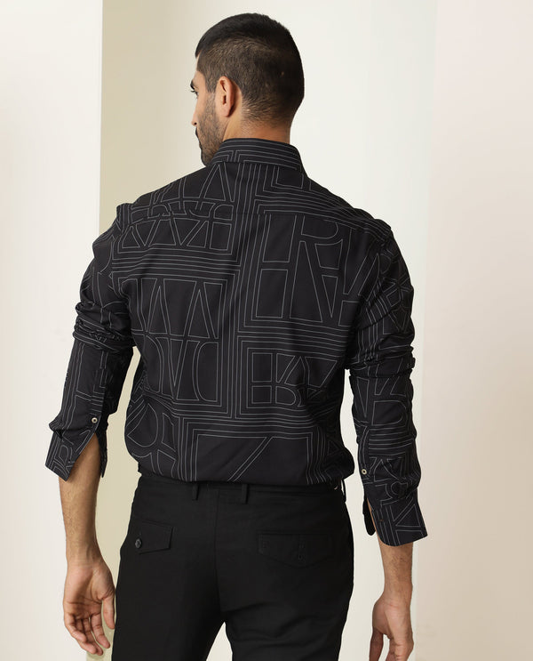 Rare Rabbit Men's Malfor Black Viscose Fabric Graphic Print Full Sleeves Shirt