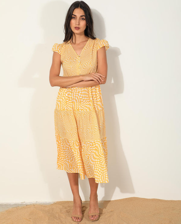 Rareism Women's Whitney Yellow Cotton Fabric V-Neck Button Closure Cape Sleeve Geometric Print  Knee Length Dress