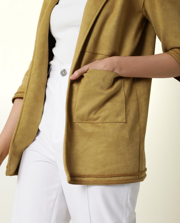 Rareism Women Square Dark Yellow Polyester Fabric 3/4Th Sleeves Solid Boat Neck Jacket
