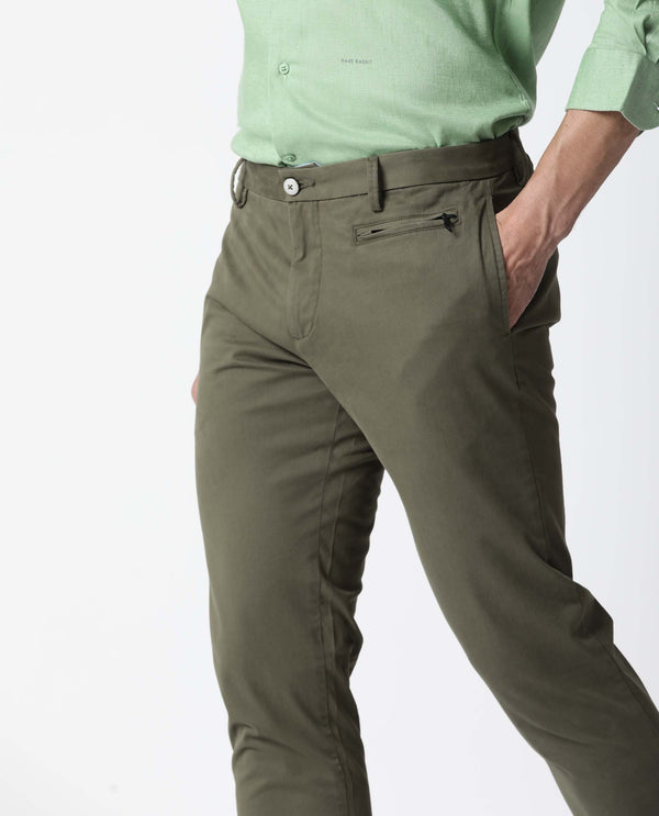 Rare Rabbit Men's Cloveys Olive Cotton Fabric Button Closure Mid Rise Slim Fit Trousers