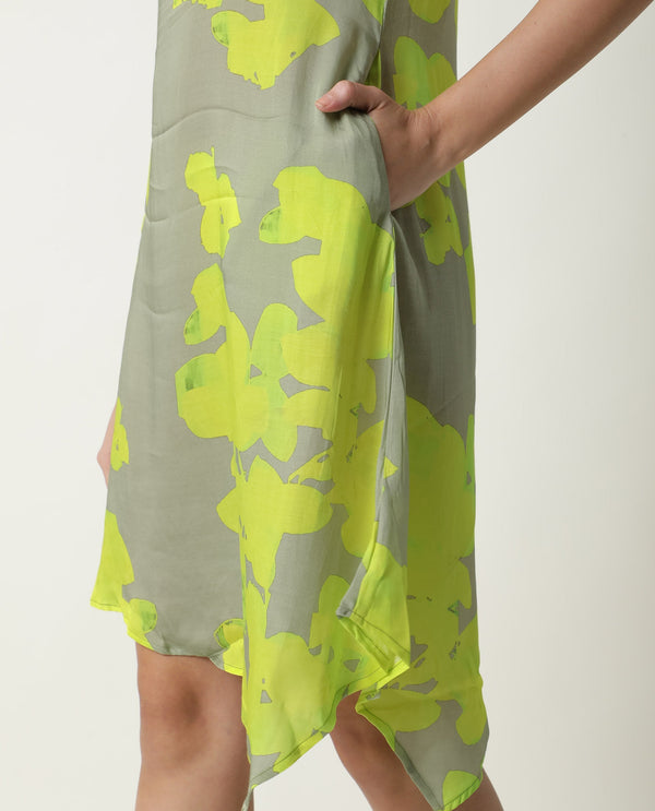 Rareism Women Sprite Yellow Floral Print Band Neck Short Sleeves With Pockets Asymmetric Hem Knee Length Dress