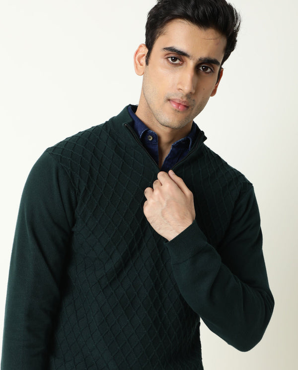 Rare Rabbit Men'S Troyer Green Pullover Cotton Fabric Round Neck Full Sleeves Zipper Closure Slim Fit