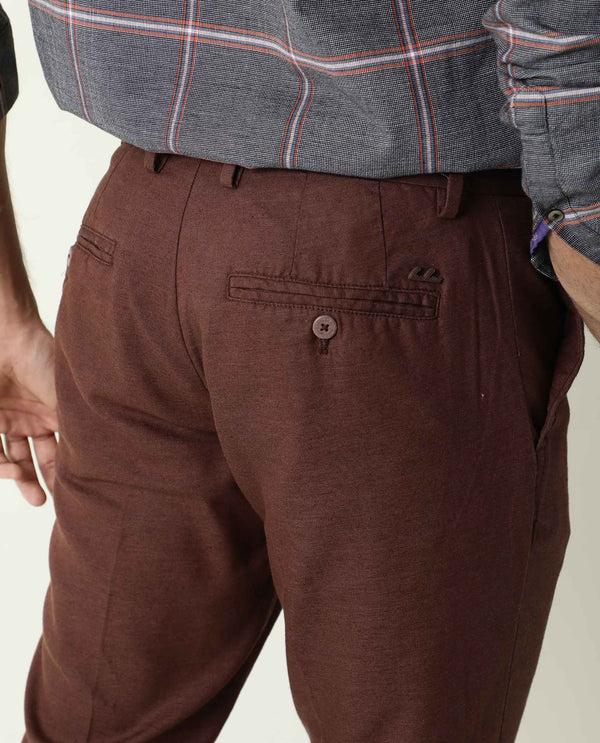 Rare Rabbit Men'S Cameo Maroon Solid Mid-Rise Regular Fit Trouser