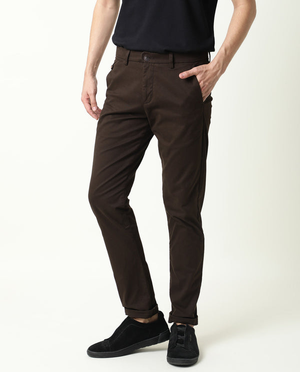 Rare Rabbit Men's Aps Dark Brown Trouser Solid Mid-Rise Regular Fit Stretch Trouser