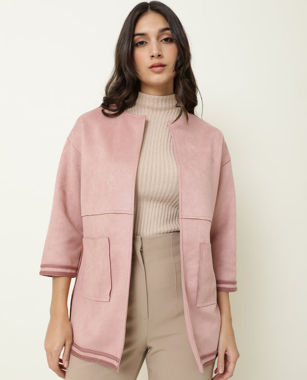 Rareism Women Square Dark Pink Polyester Fabric 3/4Th Sleeves Solid Boat Neck Jacket