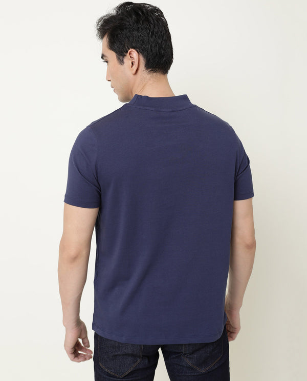 Rare Rabbit Bit Primary Navy Solid Crew Neck Half Sleeves Slim Fit T-Shirt