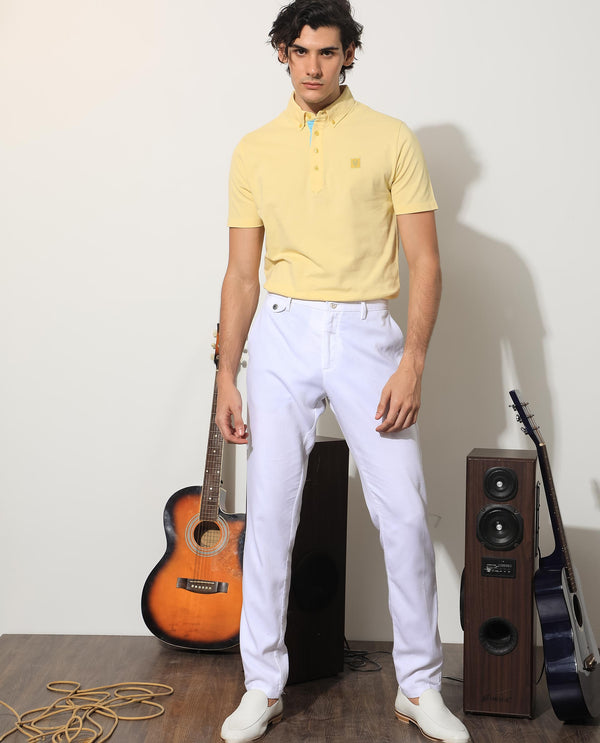 Rare Rabbit Men's Herval Light Yellow Cotton Fabric Short Sleeves Collared Neck Slim Fit Polo T-Shirt