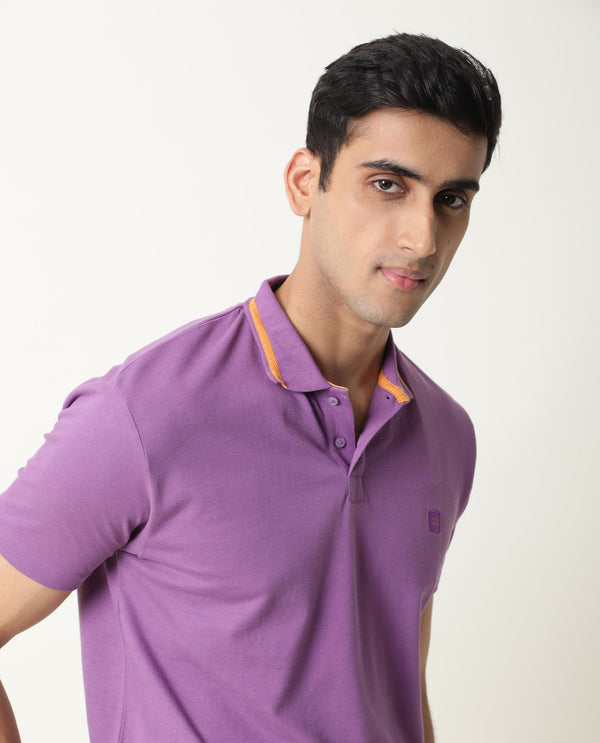 Rare Rabbit Men's Taper Purple Cotton Fabric Collared Neck Half Sleeves Textured Polo T-Shirt
