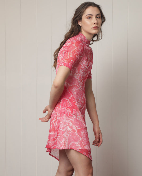 Rareism Women's Beryl Pink Polyester Fabric High Neck Zipper Closure Half Sleeve Paisley Print  Knee Length Dress