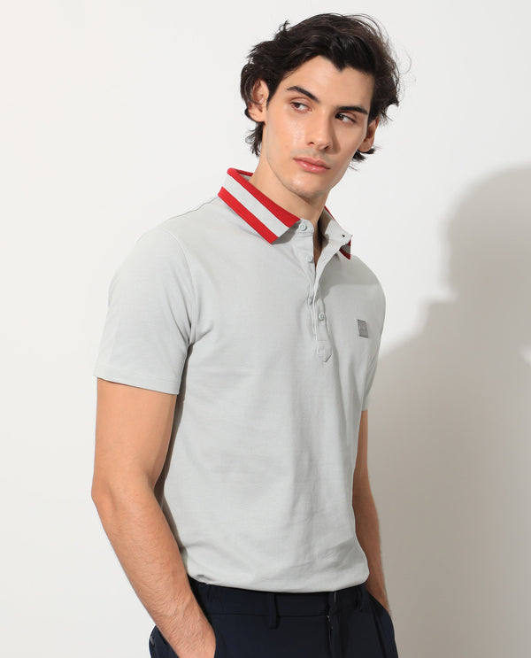 Rare Rabbit Men's Divide Light Grey Cotton Fabric Striped Collar Half Sleeves Polo T-Shirt