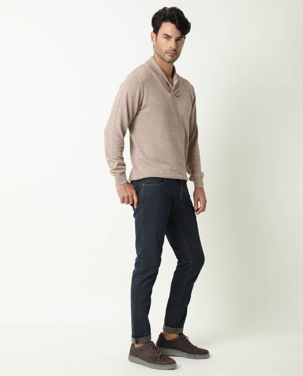Rare Rabbit Denvy Primary Beige Cotton Fabric Full Sleeve Broad Collar Slim Fit Sweater