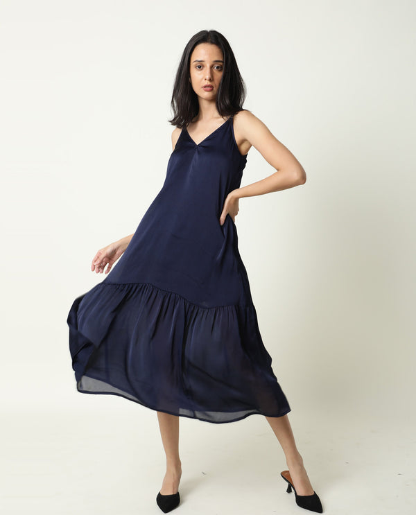 Rareism Women Tint Navy Neck Double Spaghetti Shoulder Straps Midi Dress