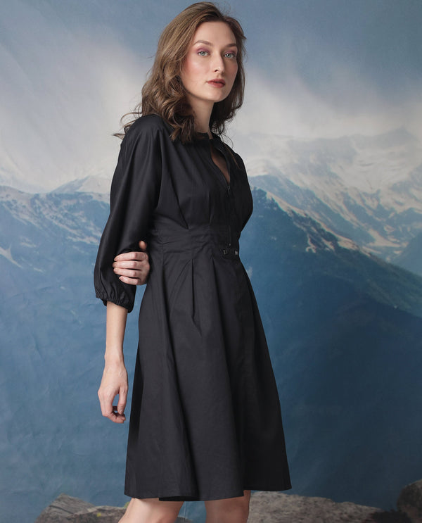 Rareism Women's Mayem Black Cotton Fabric Crew Neck Zipper Closure Volume Sleeve Plain Fit And Flare Knee Length Dress