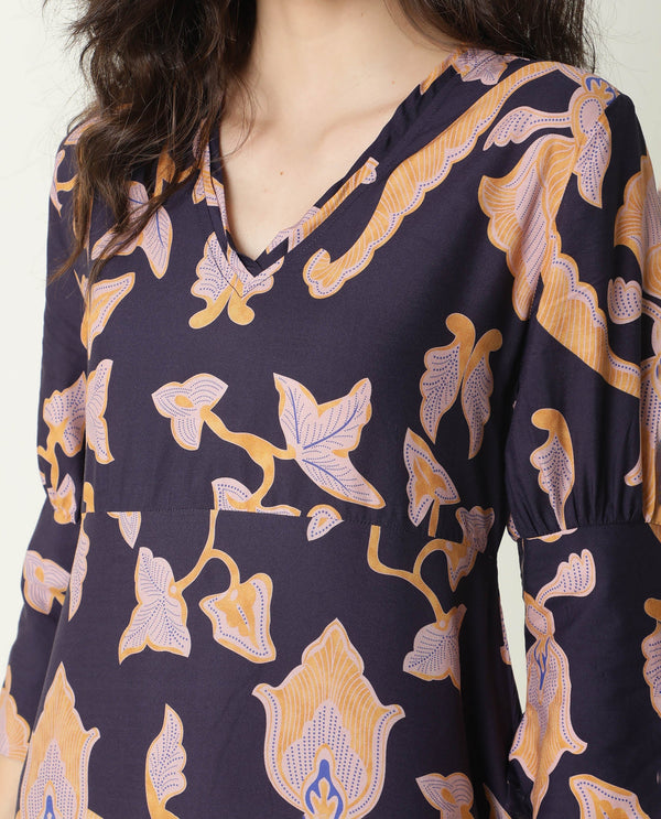 Rareism Women Kenna Navy Abstract Print V Neck 3/4 Sleeves Asymmetric Knee Length Dress