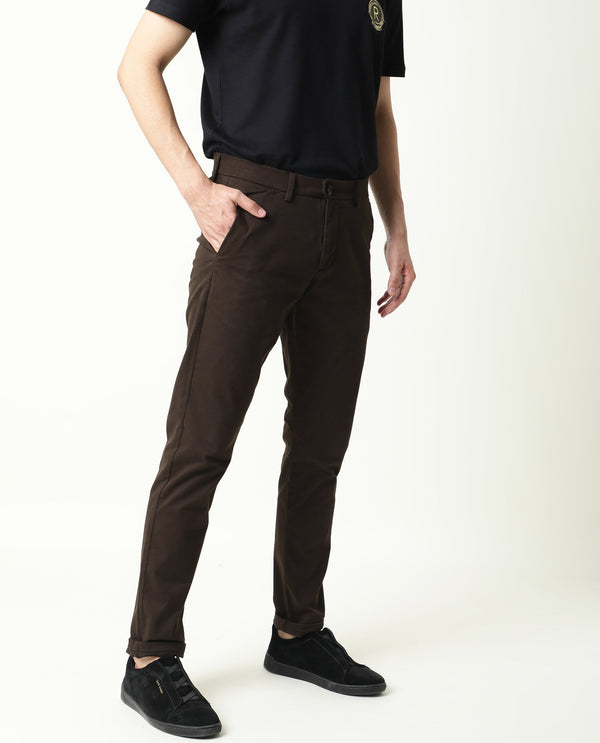 Rare Rabbit Men's Aps Dark Brown Trouser Solid Mid-Rise Regular Fit Stretch Trouser