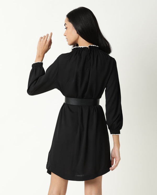Rareism Women Spoke Black Ruffled Round Neck With Full Sleeves Back Button Closure Mini Dress
