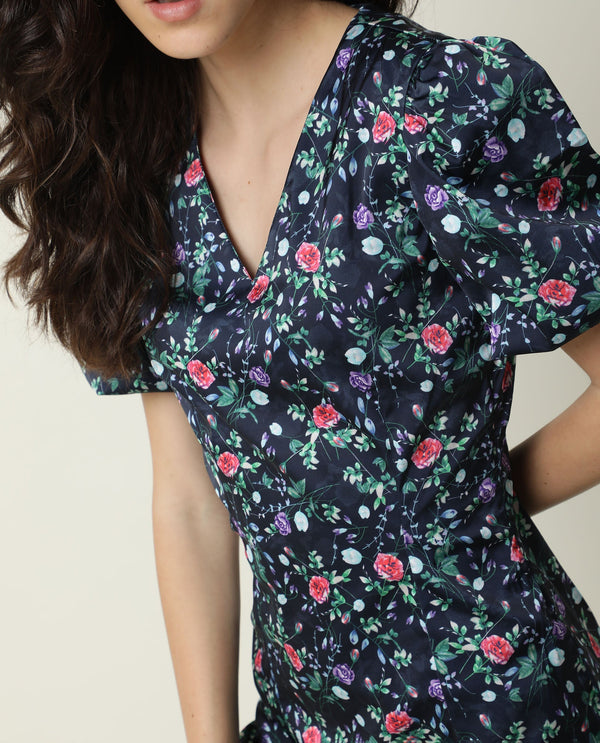 Rareism Women Diego Navy Floral Print Half Sleeve With Puff Mini Dress