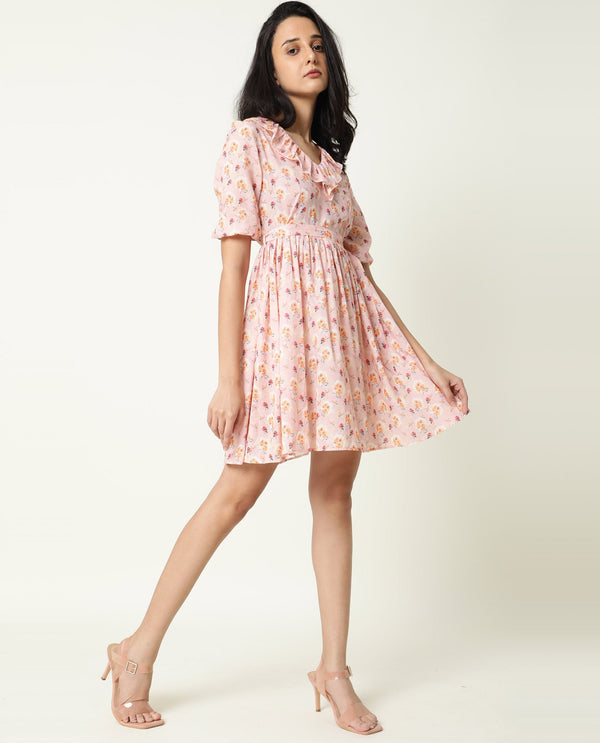 Rareism Women Verna Pink Floral Print V Neck With Ruffles Half Sleeves Fabric Waist Belt Mini Dress