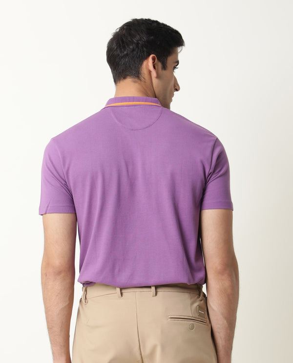 Rare Rabbit Men's Taper Purple Cotton Fabric Collared Neck Half Sleeves Textured Polo T-Shirt