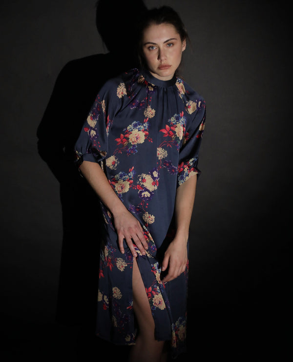 Rareism Women Clem Navy Polyester Fabric 3/4Th Sleeves High Neck Volume Sleeve Relaxed Fit Floral Print Knee Length Boxy Dress