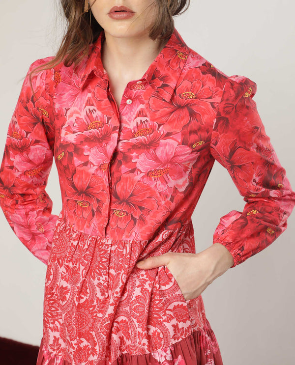 Rareism Women Ixora Maroon Cotton Fabric Full Sleeves Button Closure Shirt Collar Regular Fit Floral Print Knee Length Tiered Dress