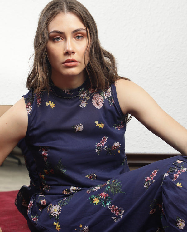 Rareism Women Jemma Navy Cotton Fabric Zip Closure High Neck Sleeveless Regular Fit Floral Print Maxi Dress