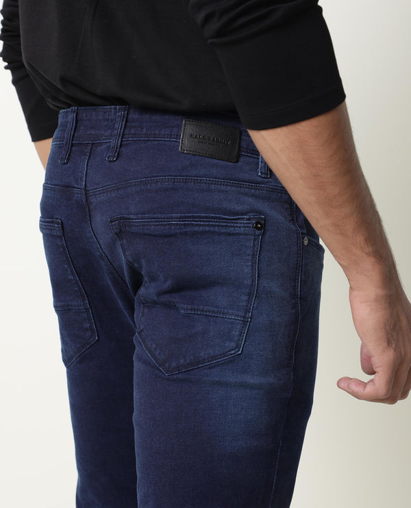 Rare Rabbit Men's Repp Blue Pant Cotton Elastane Fabric Slim Fit Button & Zip Closure Jeans