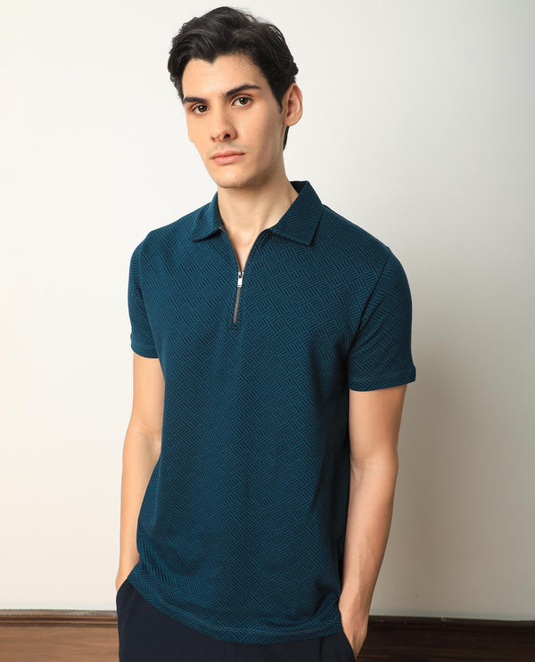 Rare Rabbit Men's Cabetta Navy Cotton Fabric Collared Neck Zipper Closure Half Sleeves Jacquard Polo T-Shirt